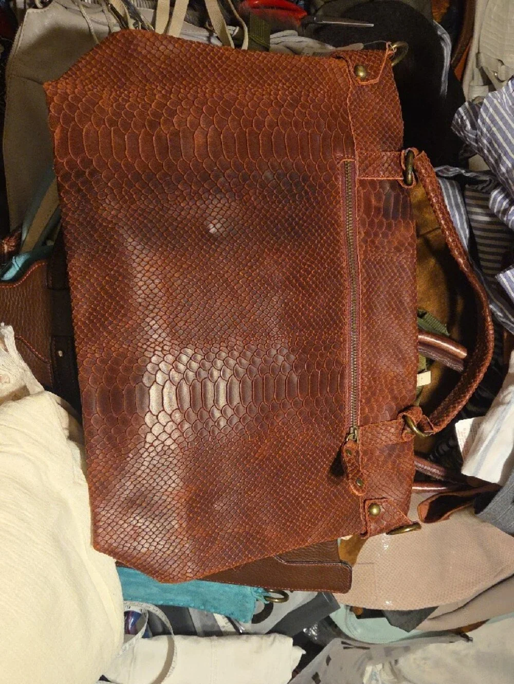 Men's Cognac Textured Leather Messenger Bag with Turn-Lock